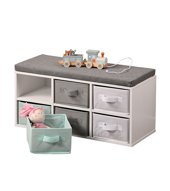 Bank mit sechs Stoffboxen, 38 x 68 x 29,5 cm, weiß/grau/blau KESPER 17729